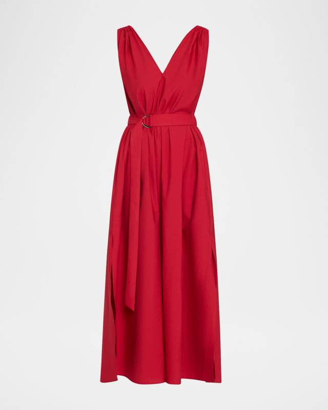 Monili-Shoulder Belted Crinkle Cotton Midi Dress